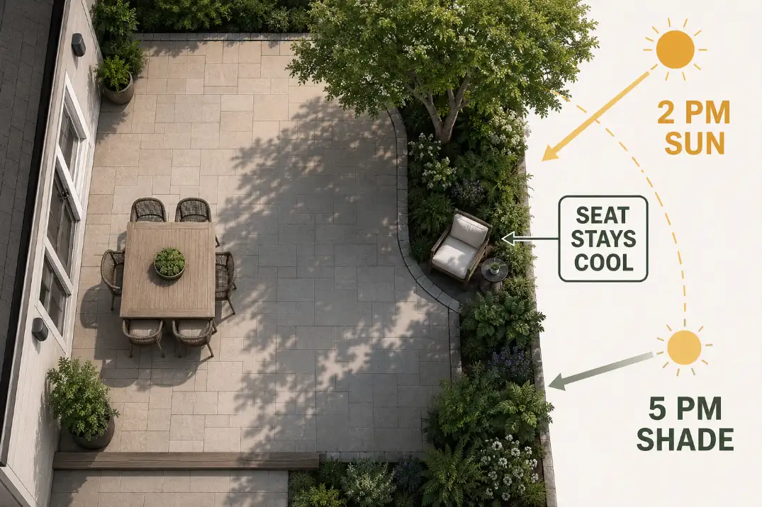 Overhead backyard diagram showing afternoon sun and shade movement around an outdoor quiet zone seat.