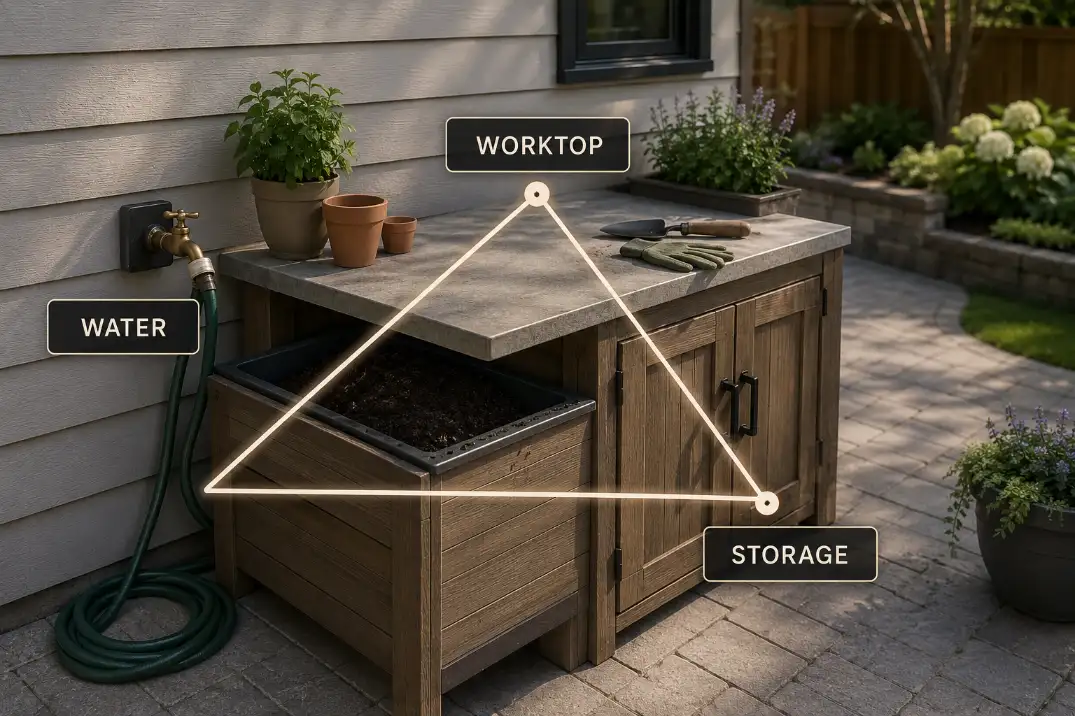 Diagram of an outdoor potting station showing water access, clear worktop, and storage working together to control garden mess.