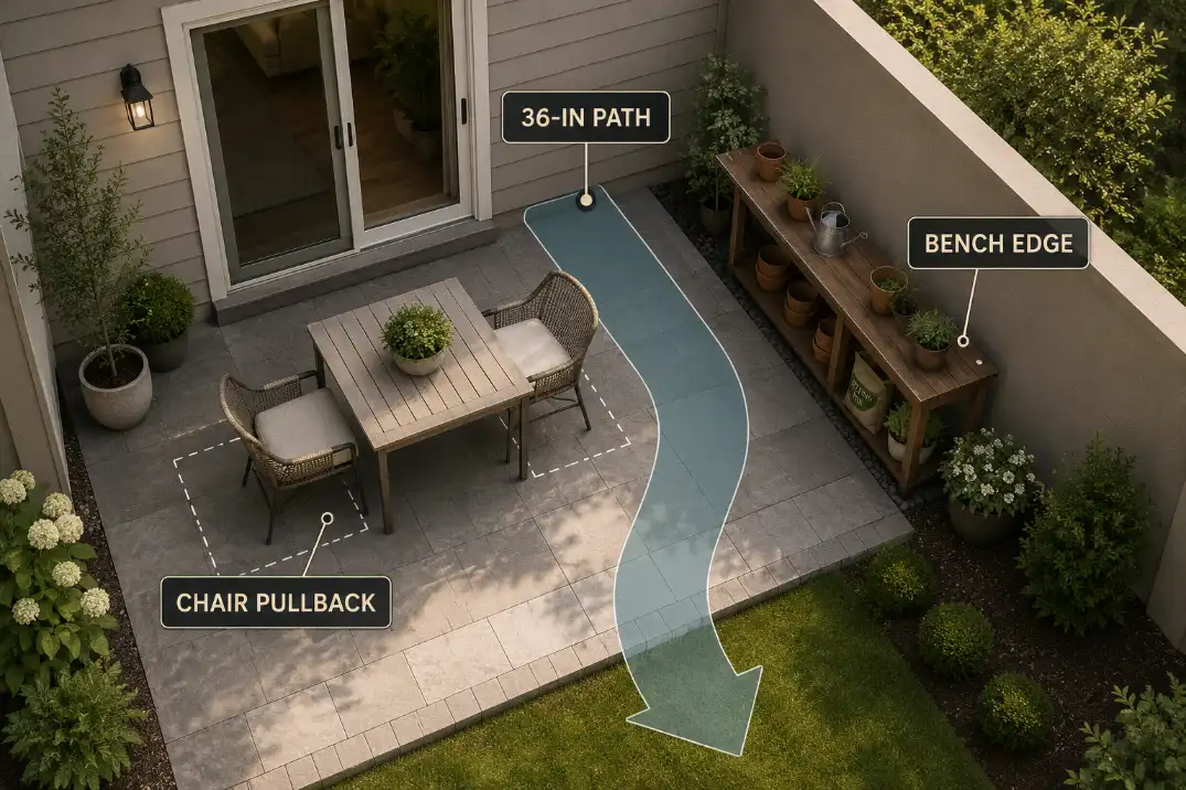 Small patio layout diagram showing a potting bench on the quiet edge while preserving a 36-inch path and chair pullback space.