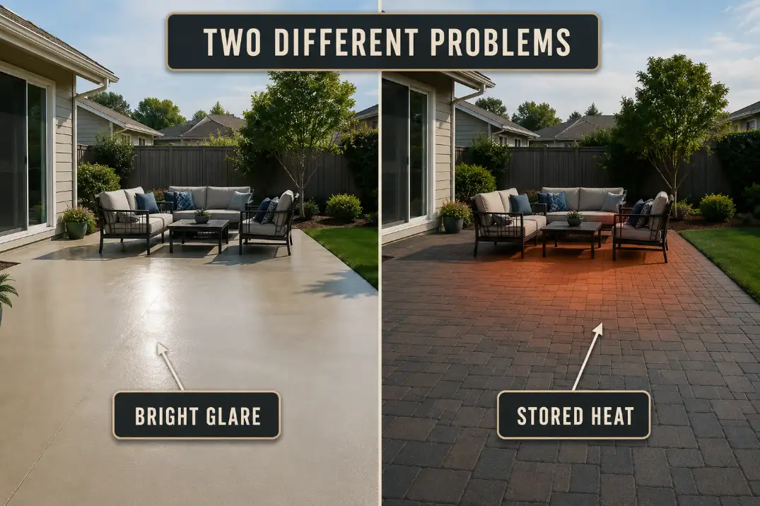 Comparison of pale concrete glare and dark paver stored heat as two different patio comfort problems.