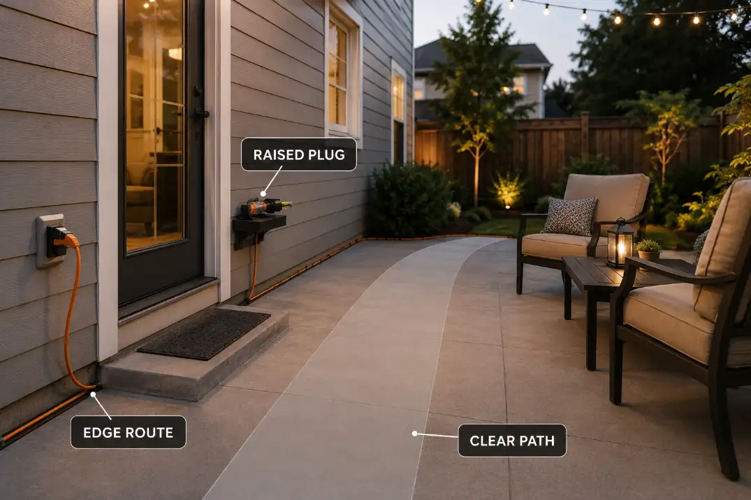 Outdoor extension cord routed along a patio edge with a raised plug connection and a clear walking path.