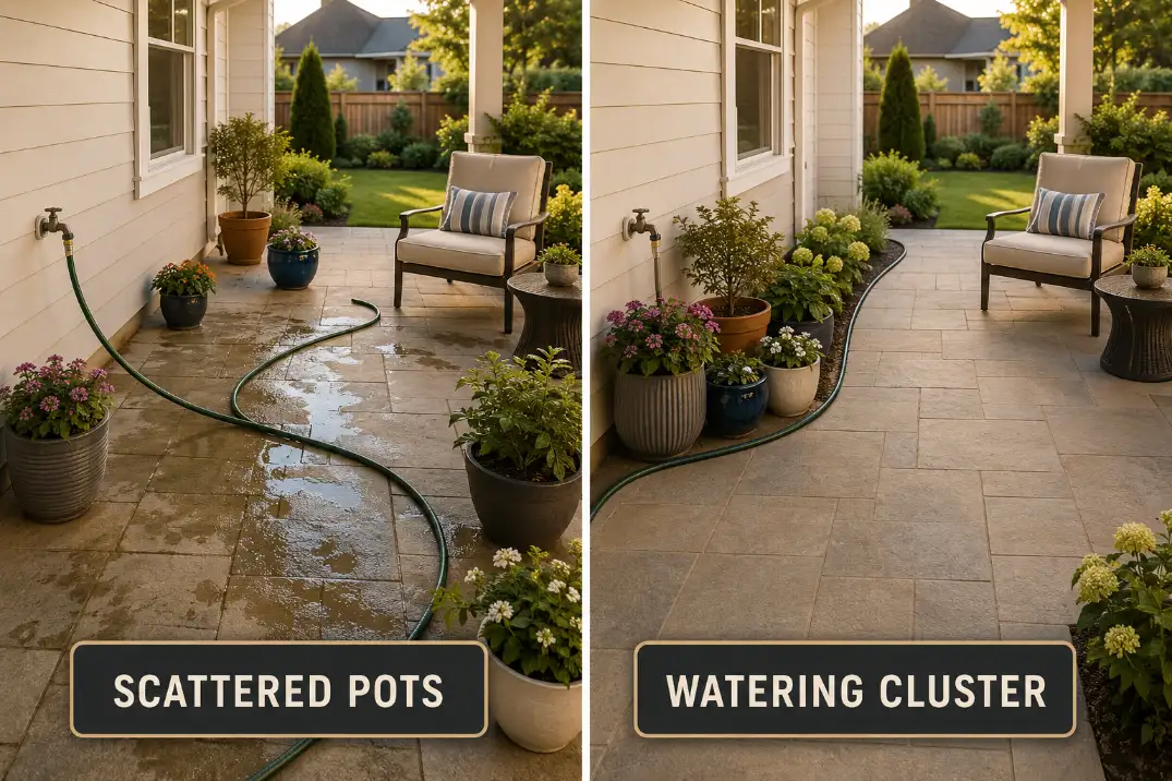 Comparison of scattered patio containers versus a grouped watering cluster near a faucet with a dry walkway.