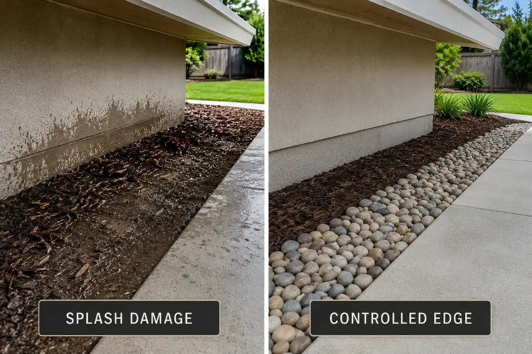 Comparison of mulch splash damage under a roof drip line versus a controlled stone edge beside a patio.