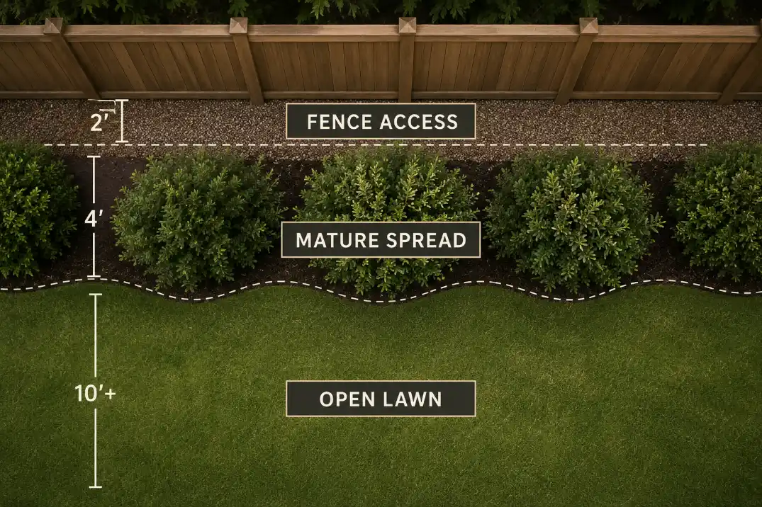 Overhead diagram showing fence access, mature shrub spread, and open lawn spacing for fence line landscaping.