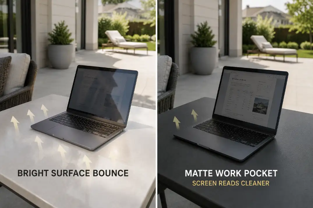 Comparison of patio laptop glare from a bright reflective surface versus a darker matte work surface.