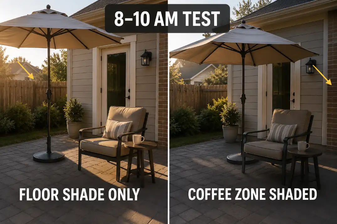 Comparison of small patio coffee corner shade showing floor-only shade versus shade covering the chair and table during morning use.