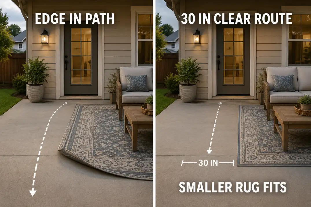 Comparison of an oversized patio rug curling into the walking route and a smaller rug placed clear of the door path.