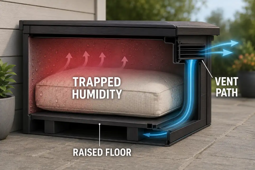 Cutaway diagram of outdoor cushion storage showing trapped humidity, raised floor, and airflow path inside a deck box.