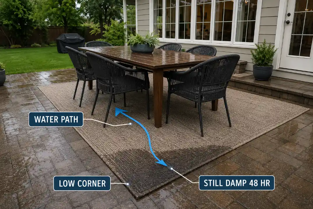 Outdoor dining rug after rain with water moving under the rug and collecting at one damp low corner.
