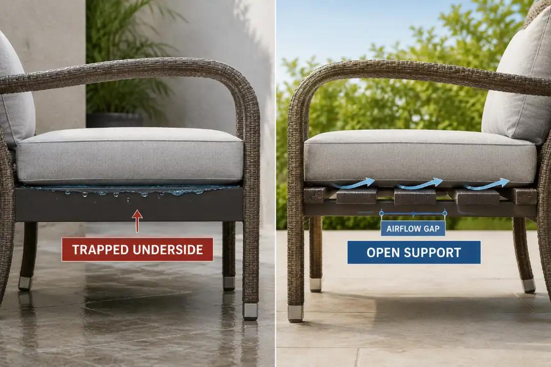 Diagram showing outdoor cushion underside moisture trapped on a solid seat compared with airflow through open support.