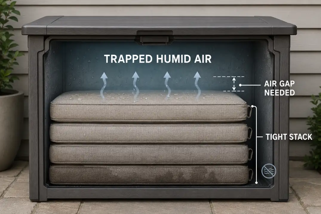 Side-cutaway diagram showing damp outdoor cushions stacked tightly inside a closed deck box with trapped humid air and an airflow gap needed.