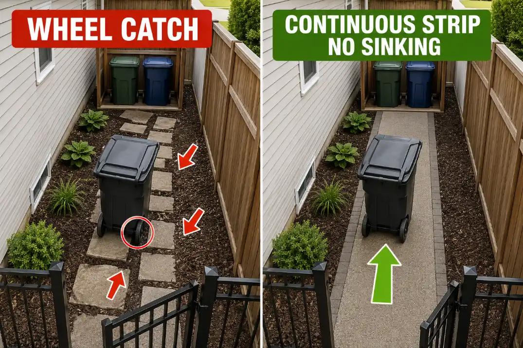 Comparison of trash bin wheels catching on loose stepping stones versus rolling cleanly on a continuous firm side yard strip.