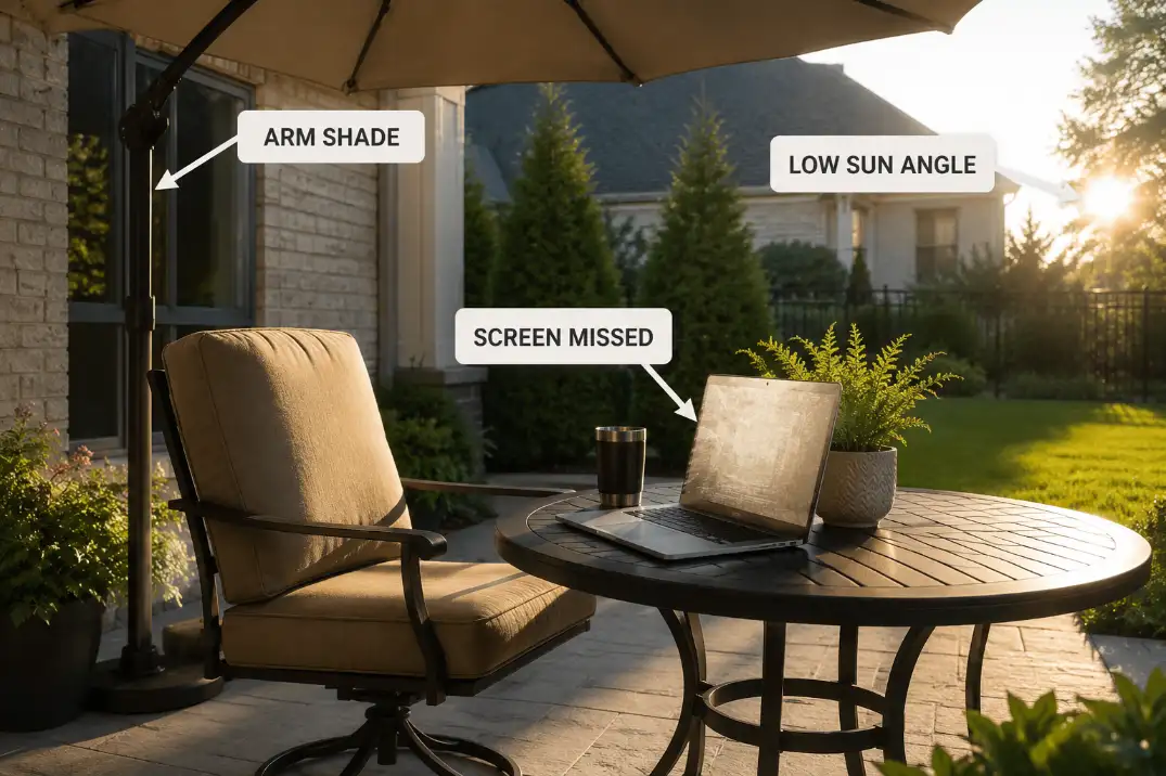 Patio umbrella shading the chair while low side sun still hits the laptop screen.