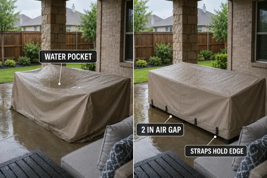 Comparison of a patio furniture cover trapping water and a better cover setup with air gap, slope, and secured straps.