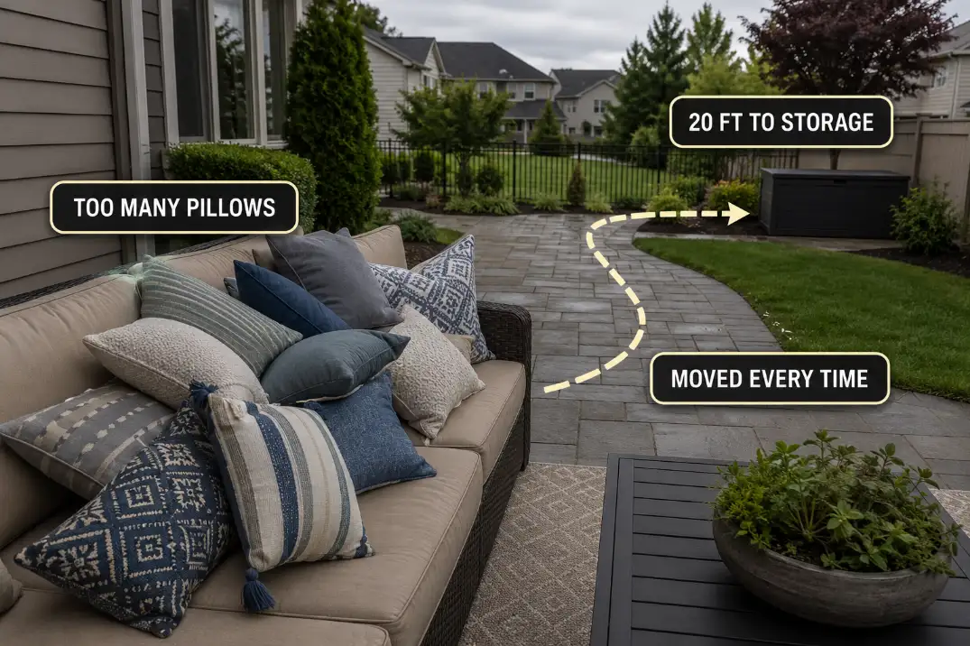 Patio sofa with too many outdoor pillows and a storage box too far away, showing why fabric decor becomes a daily rescue chore.