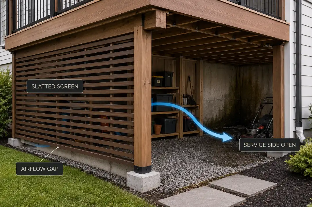 Under deck screening diagram showing a slatted screen, airflow gap, and open service side for inspection.