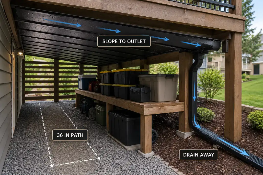Diagram of a complete under-deck drainage setup with sloped panels, gutter outlet, drainage extension, raised storage, airflow side, and clear walking path.