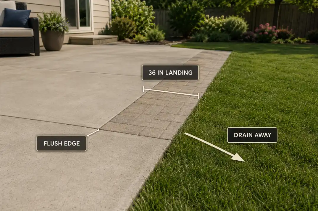 Diagram of a patio-to-lawn transition with a 36 inch landing, flush edge, and drainage directed away from the walking seam.