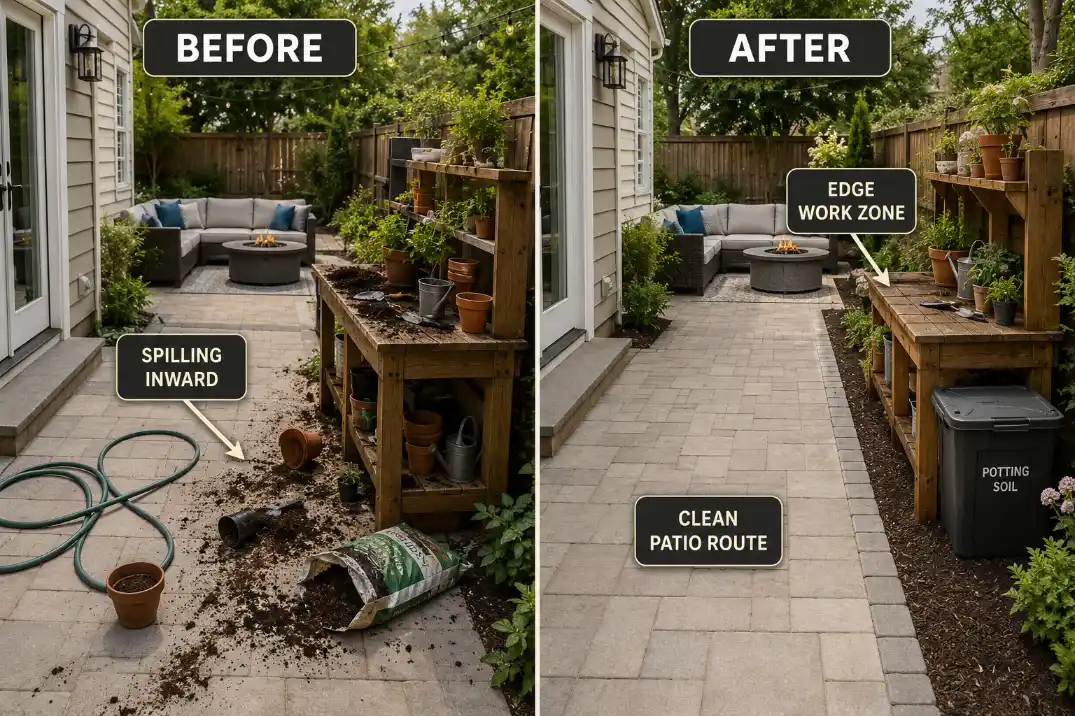 Before and after outdoor potting station layout showing garden work moved to the patio edge to keep the walking route clean.