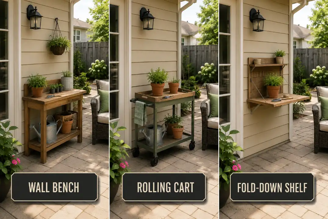 Three small patio potting bench options showing a wall bench, rolling cart, and fold-down shelf for different space limits.