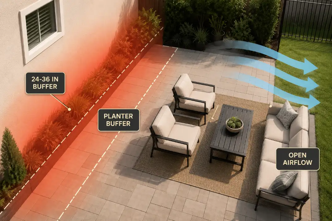 Patio cooling diagram showing a 24 to 36 inch seating buffer, planter buffer, and open airflow beside a heat wall.