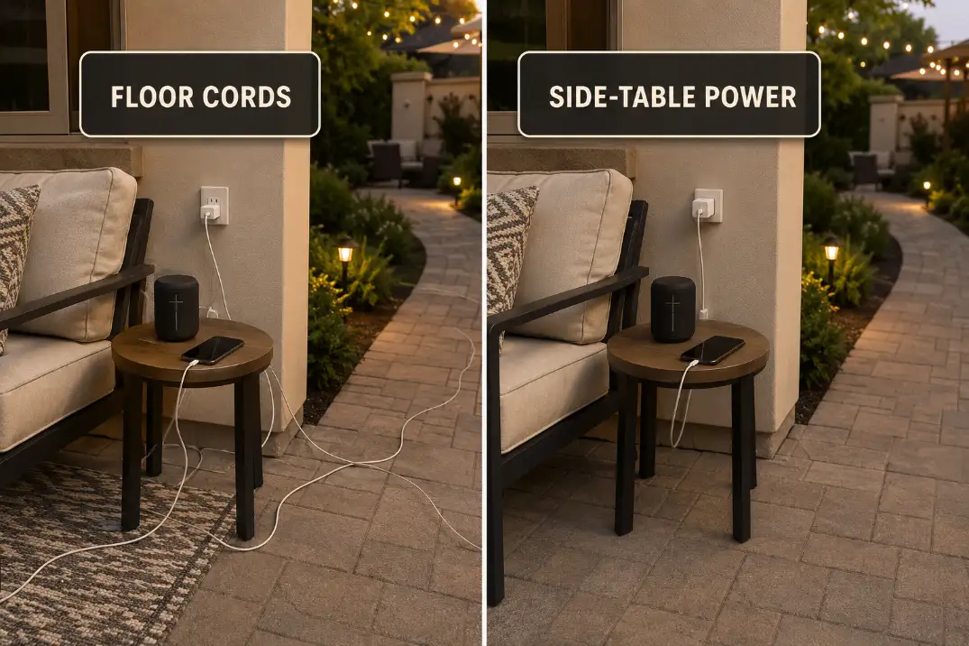 Comparison of messy floor cords around patio seating versus clean side-table outdoor charging access.