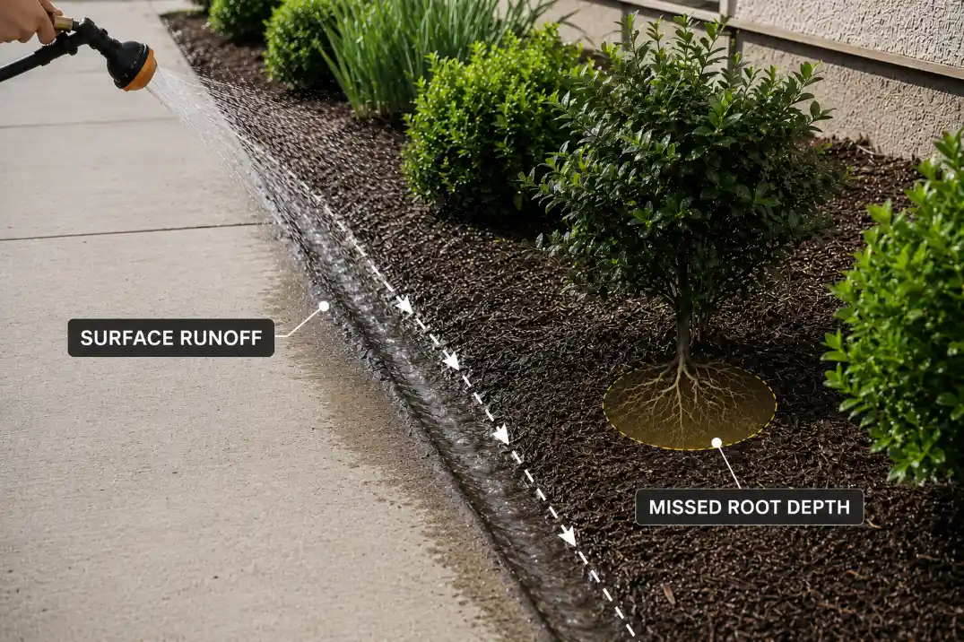 Watering layout showing overspray wetting a walkway while the planting strip root zone receives less water.