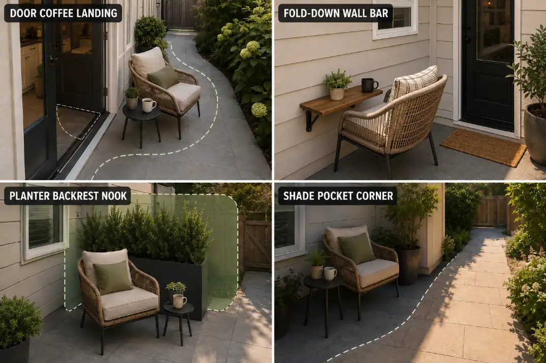 Four small patio coffee corner ideas with door landing, wall bar, planter nook, and shade pocket layouts.