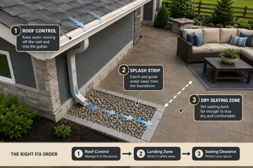 Diagram showing roof edge water redirected to a splash strip with patio seating kept in a dry zone.