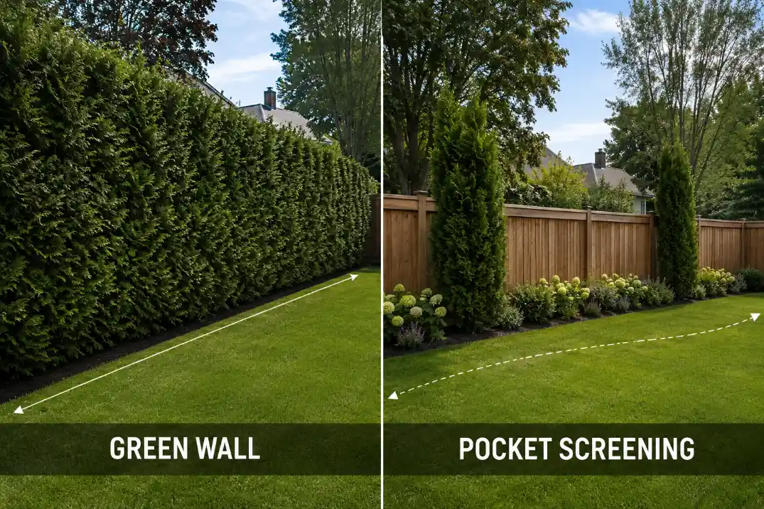Comparison of a continuous green hedge wall along a fence versus low planting with targeted privacy pockets.