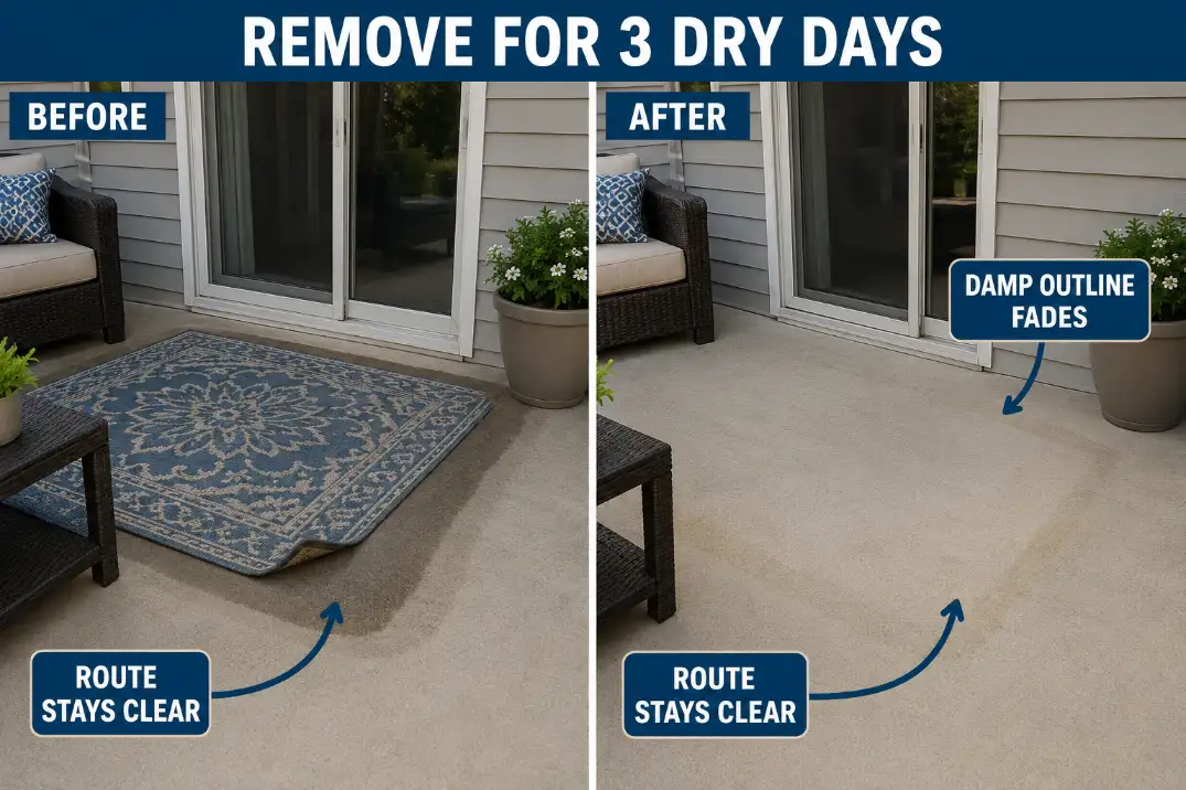 Before and after patio scene showing a damp curled outdoor rug removed so the surface can dry and the route stays clear.