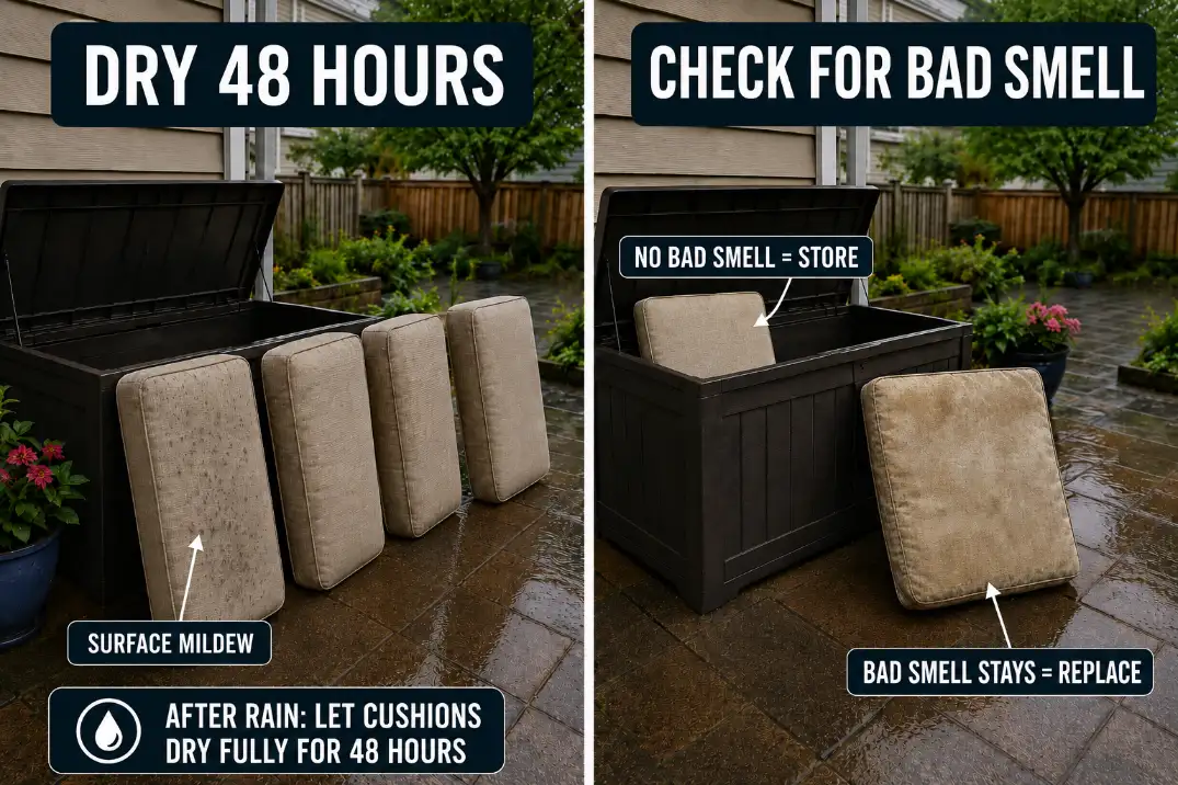 Outdoor patio cushions after rain showing the 48 hour dry test for deciding whether storage still helps or foam odor means replacement.