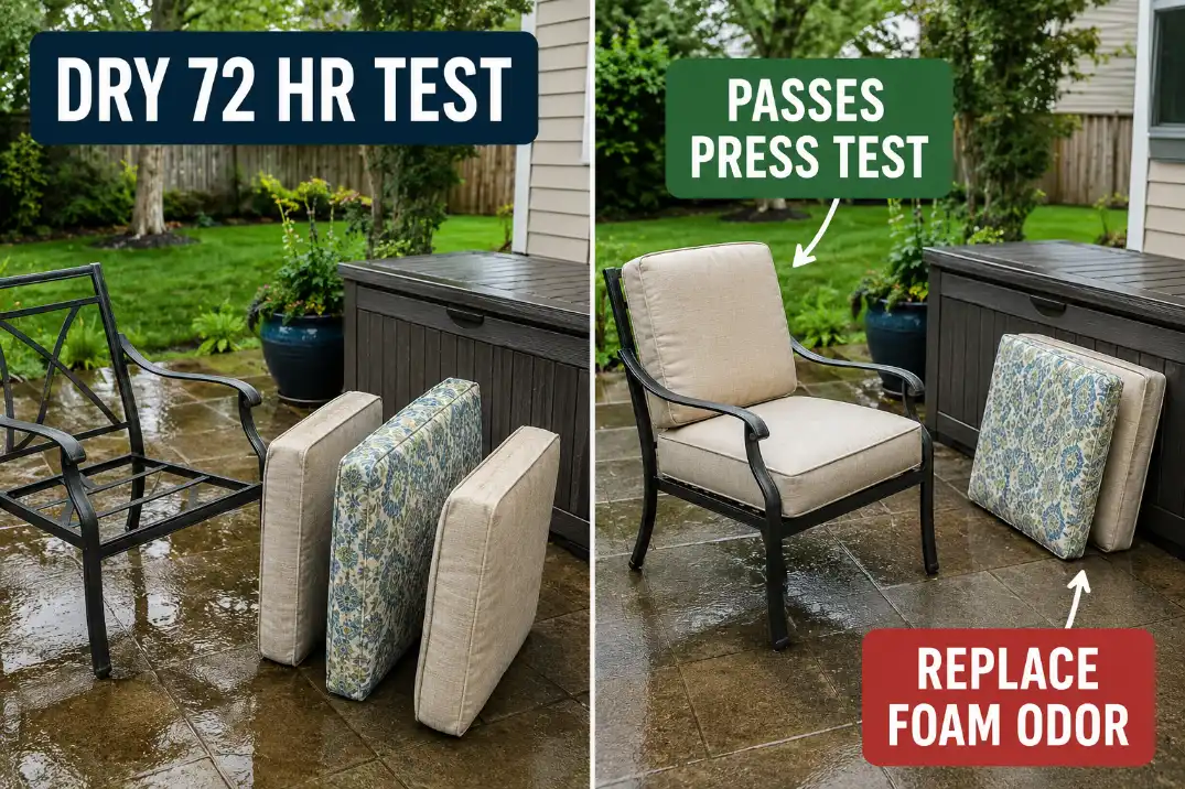 Outdoor cushions after a 72 hour drying test showing one cushion passing the press test and one foam odor cushion set aside for replacement.