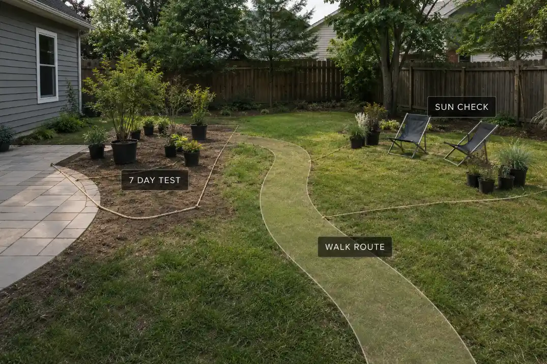 Temporary backyard garden mockup with nursery pots and chairs testing sun, walking route, and scale before planting.