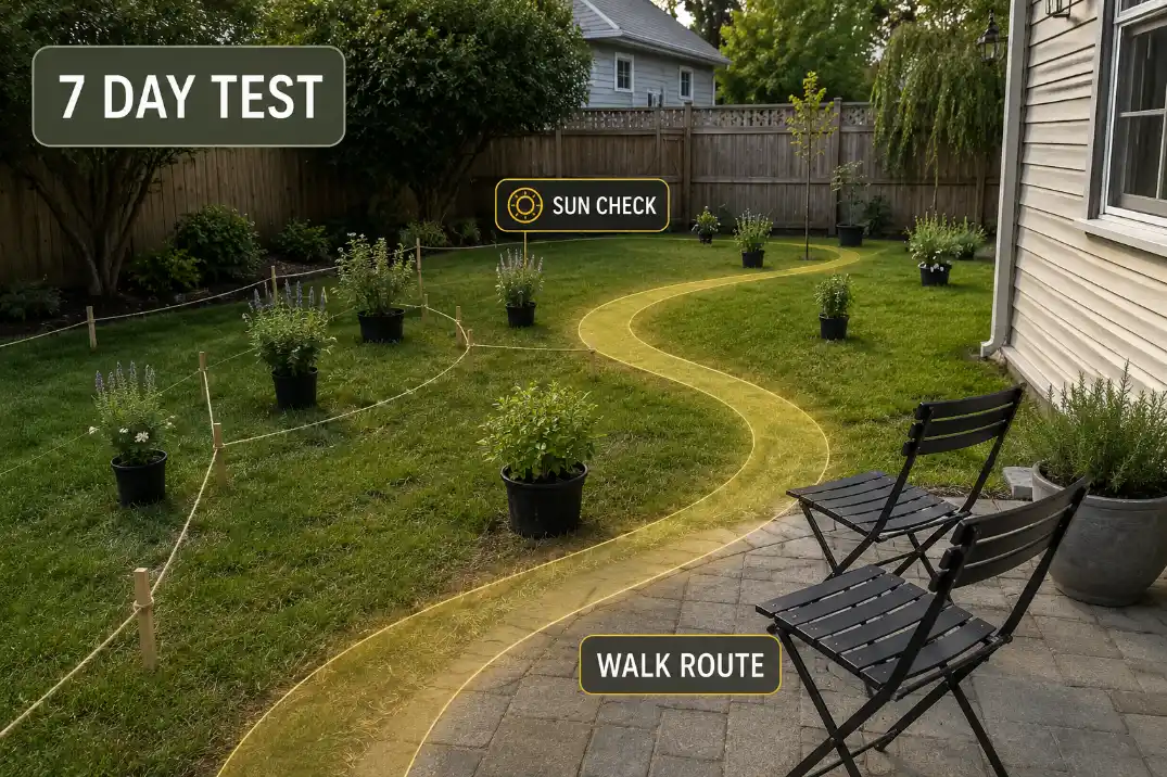 Temporary backyard garden mockup with nursery pots, rope path lines, folding chairs, and labels for 7-day test, sun check, and walk route.