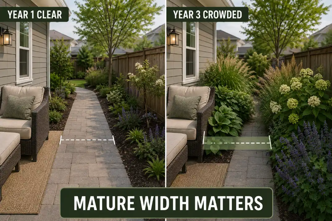 Comparison of a backyard garden path staying clear with new plants versus becoming crowded as plants reach mature width.