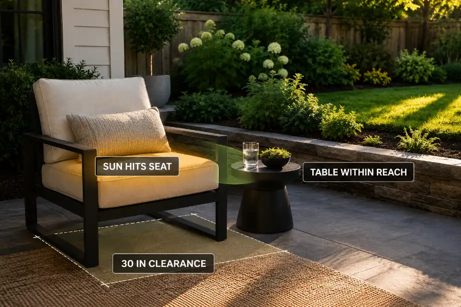 Backyard patio seating corner showing sun exposure, chair clearance, and table reach before copying an inspiration layout.