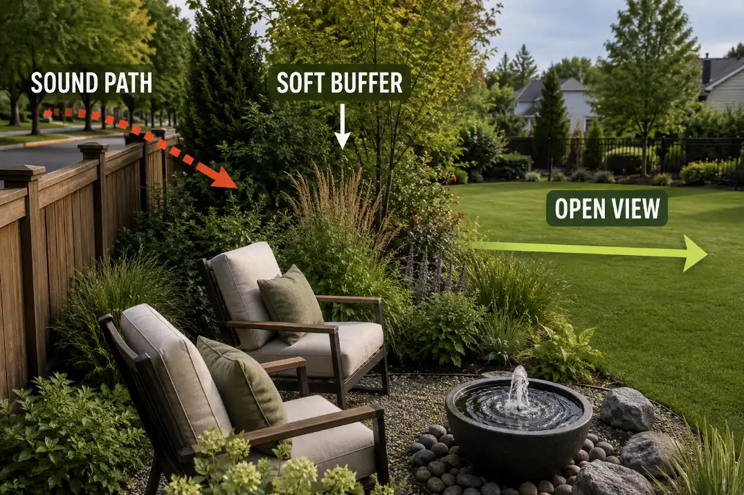 Backyard quiet seating corner showing a soft planting buffer interrupting a sound path while keeping an open view.