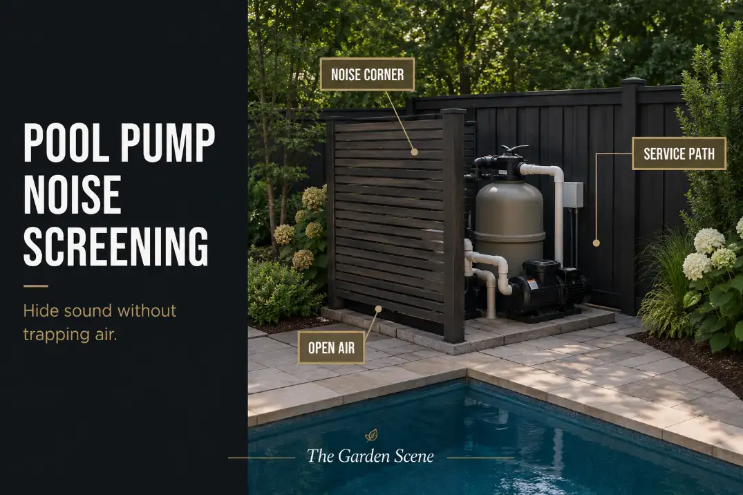 Pool pump noise screening around a backyard equipment corner with labels showing the noise corner, service path, and open air clearance.