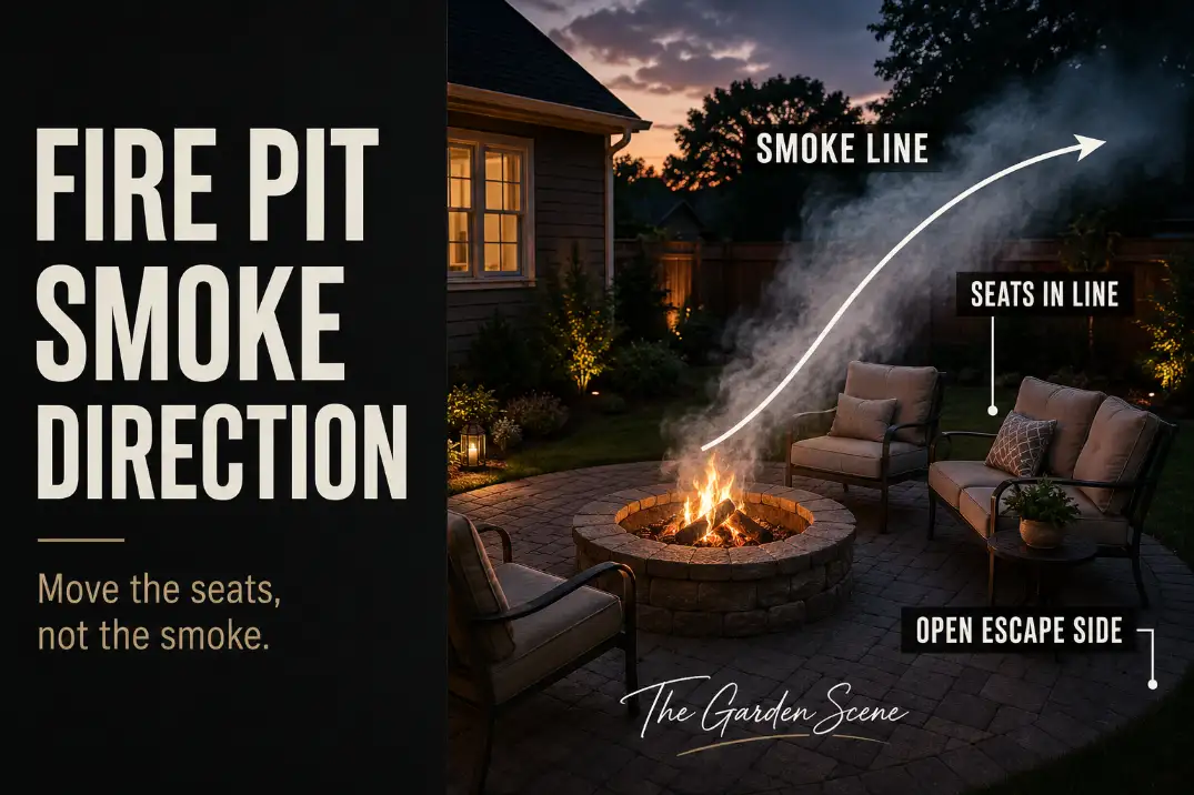 Backyard fire pit smoke blowing into seating because chairs are placed in the wind line instead of beside an open escape side.