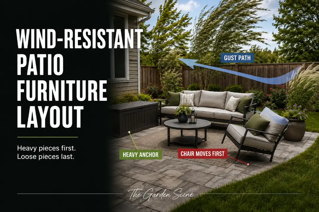 Wind-resistant patio furniture layout showing a lightweight chair shifting in the gust path while heavier furniture anchors the calmer side.