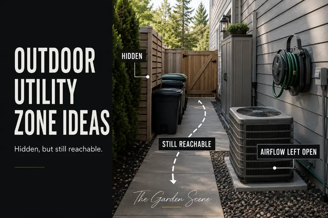 Outdoor utility zone with trash bins, hose reel, AC unit, and storage cabinet arranged to stay hidden but reachable.