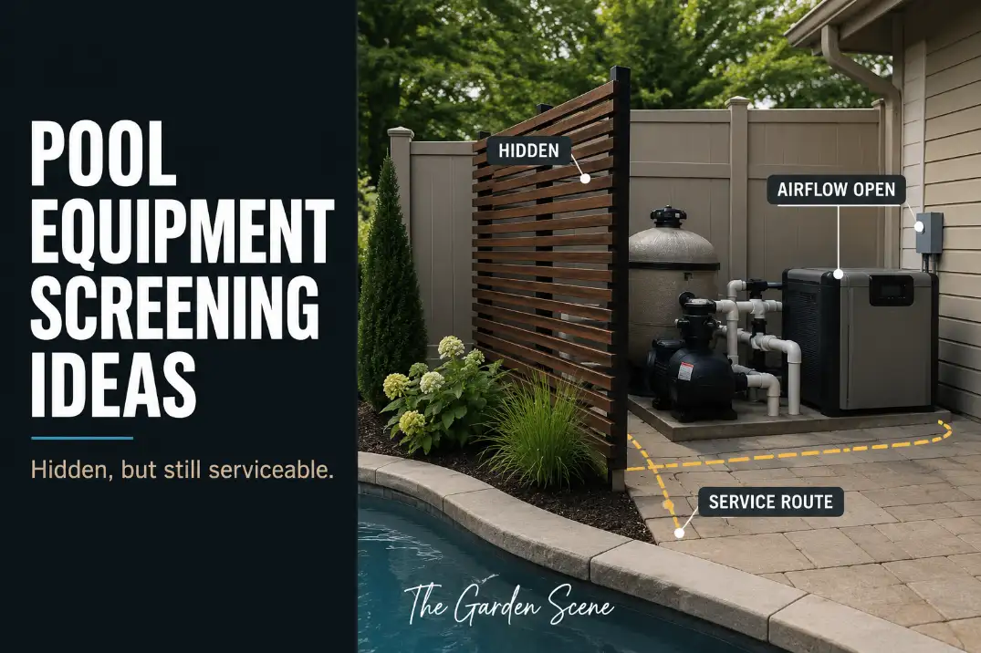 Pool equipment screening idea with a slatted screen hiding a pump, filter, and heater while leaving airflow and service access open.