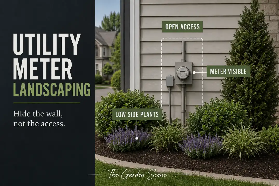 House-mounted utility meter with low side plants and an open access zone for reading and service.