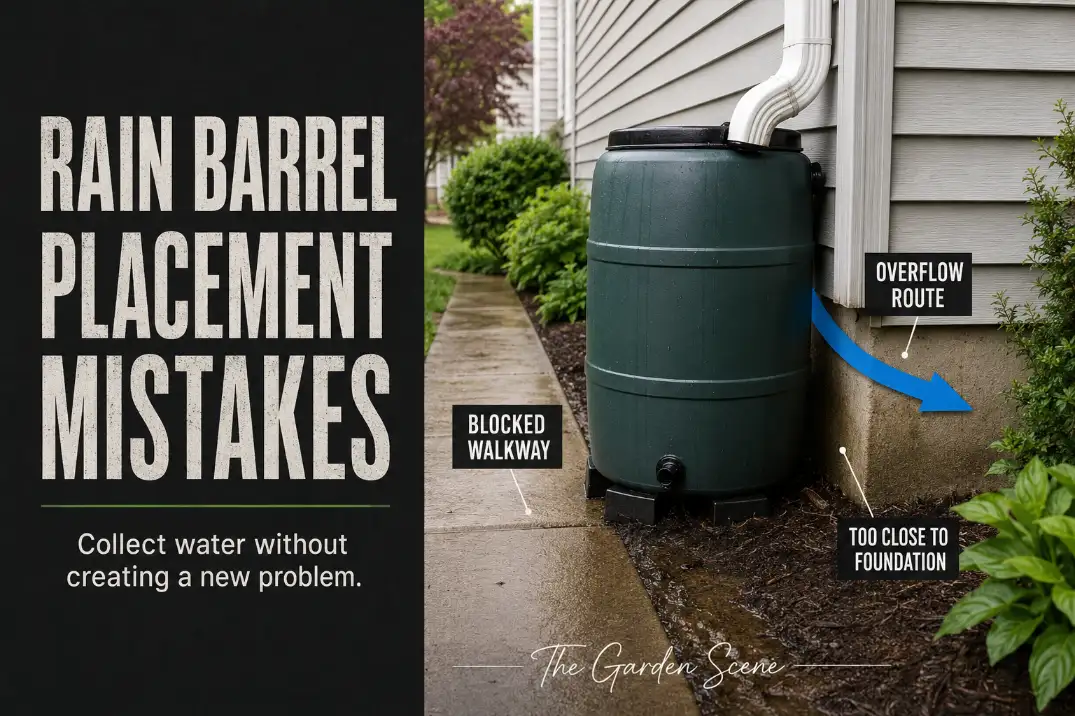 Rain barrel beside a house wall blocking a walkway and sending overflow too close to the foundation.