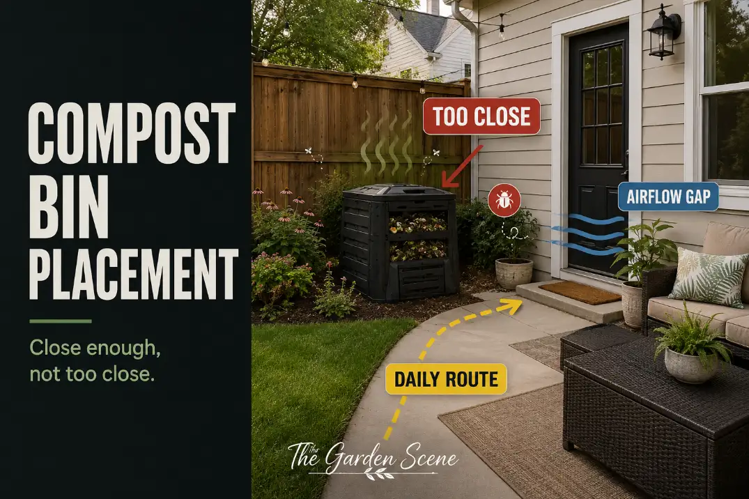 Compost bin placed too close to patio seating in a small backyard with airflow and access labels.
