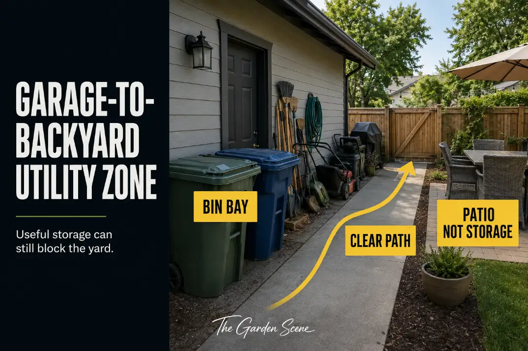 Garage-to-backyard utility zone with bins, tools, and hose storage arranged beside a garage while keeping the backyard path and patio clear.