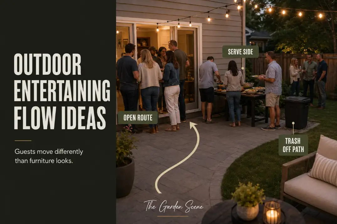 Outdoor entertaining flow layout showing guests crowding near a back door, serving table, seating, and trash route on a suburban patio.