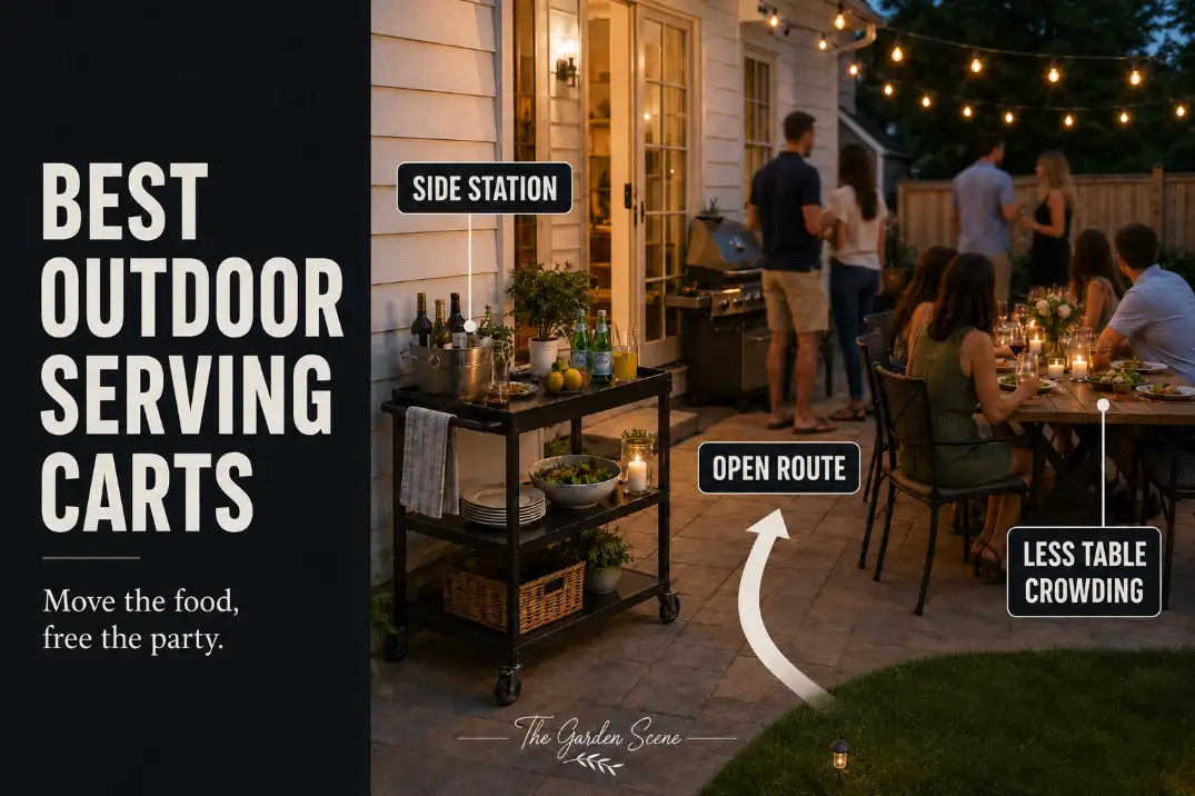 Outdoor serving cart creating a side service station to reduce crowding around a patio dining table during a backyard party.