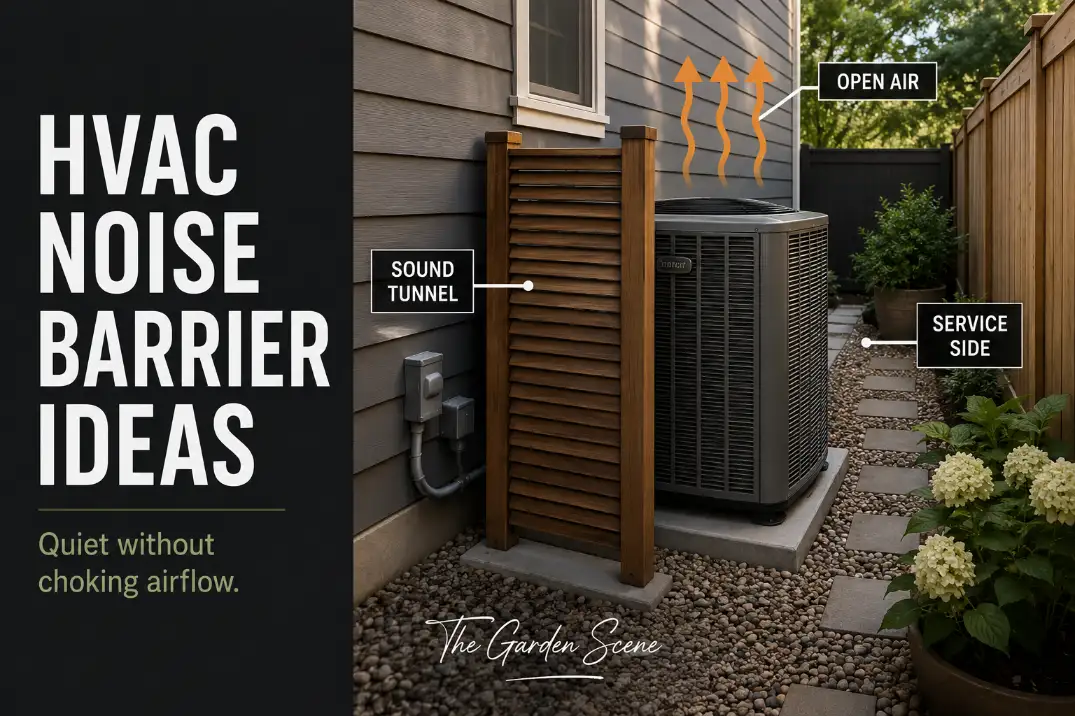 Outdoor HVAC condenser in a narrow side yard with a noise barrier plan that keeps airflow and service access open.